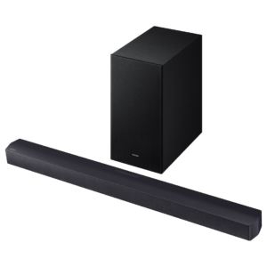 SAMSUNG HW-B450 SOUNDBAR 2.1 CHANNEL WIRELESS SUBWOOFER INCLUDED 300W TOTAL POWER BASS BOOST ADAPTIVE SOUND LITE SURROUND SOUND EXPANSION GAME MODE BLUETOOTH TV CONNECTION USB MUSIC PLAYBACK
